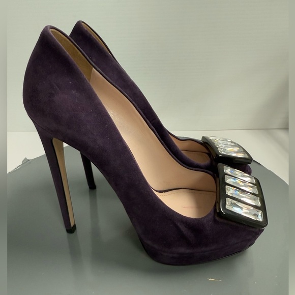 Miu Miu Purple Suede Crystal Embellished Peep Toe Platform Pumps Size 38 - Picture 3 of 11